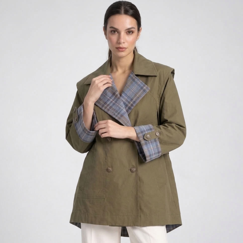 Veste cape à carreaux contrastés – vue 1